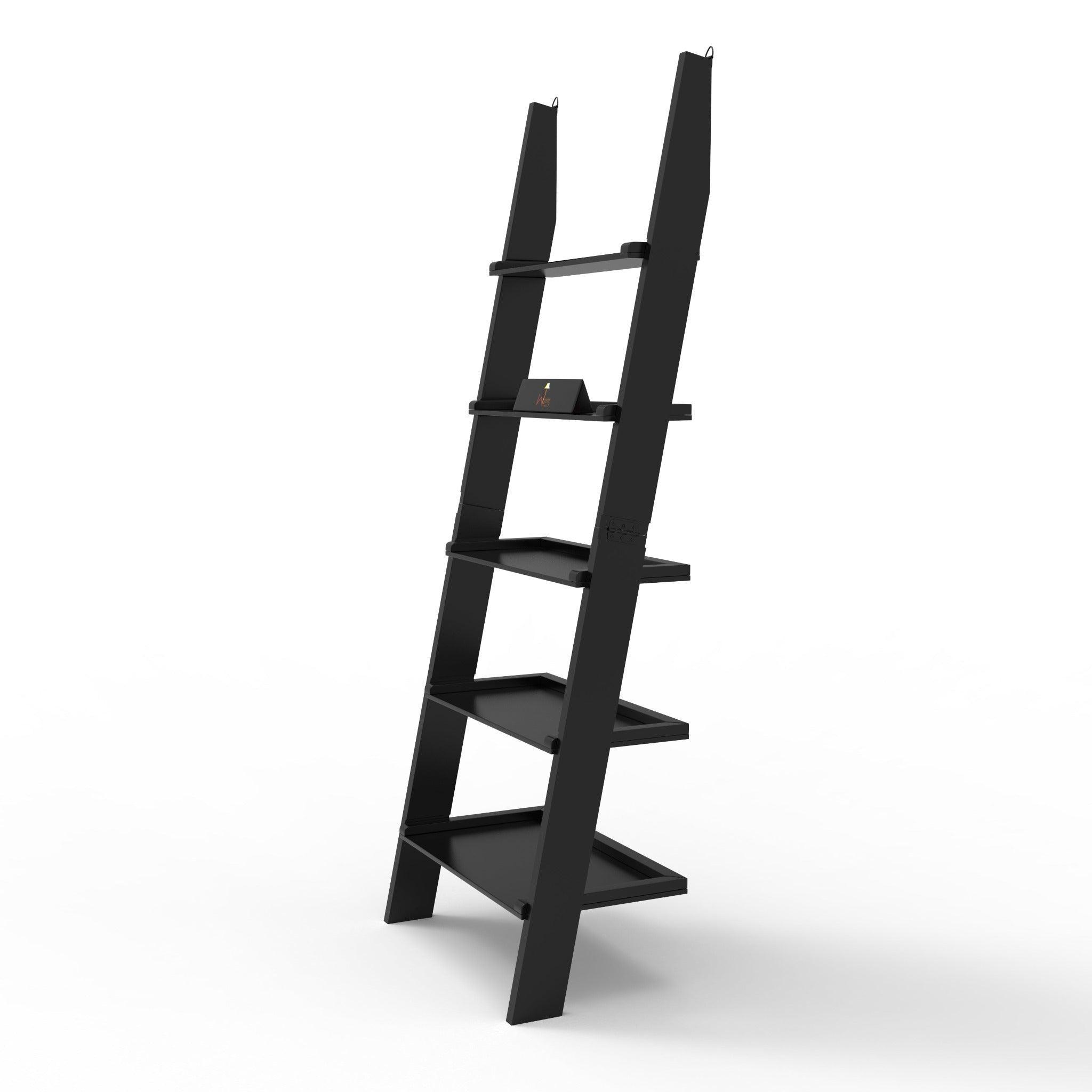Leaning ladder shelf holding decor and plants