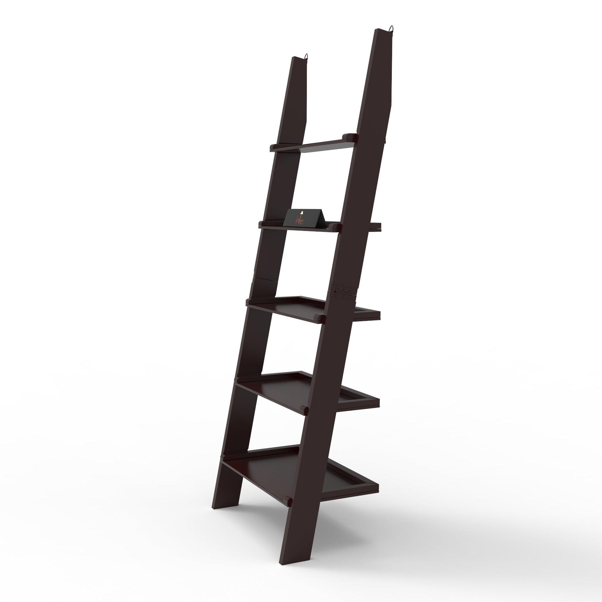 Leaning Bookcase Ladder and Room Organizer Engineered Wood Wall Shelf in black, angled view