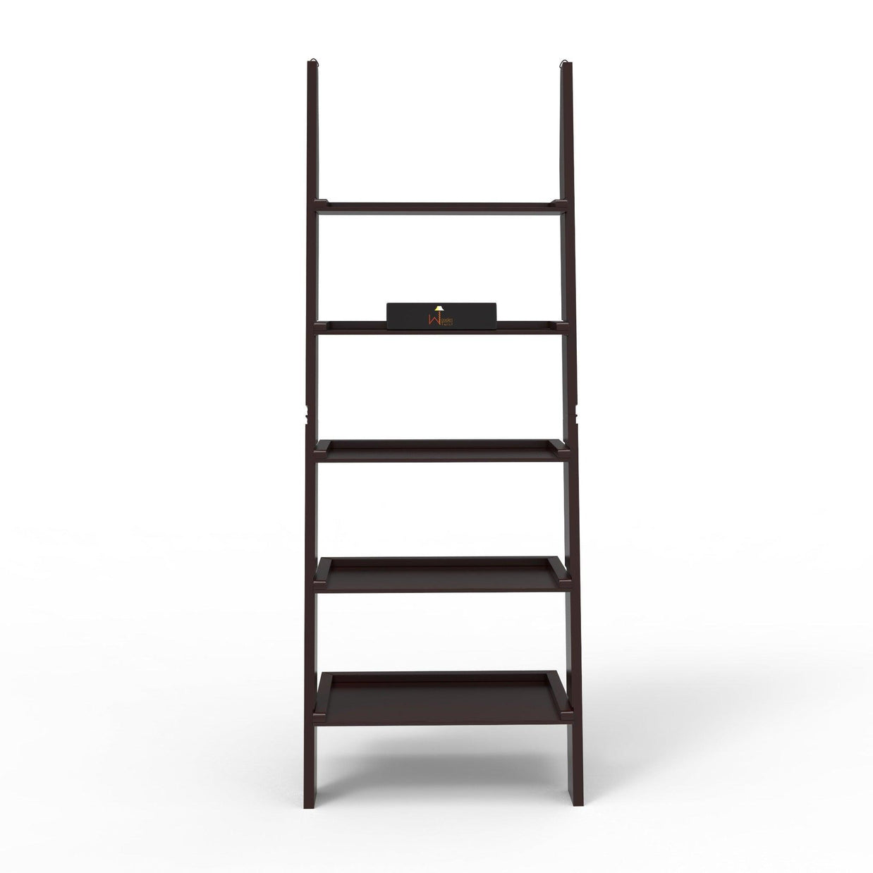 Leaning Bookcase Ladder and Room Organizer Engineered Wood Wall Shelf in black, shelf close-up