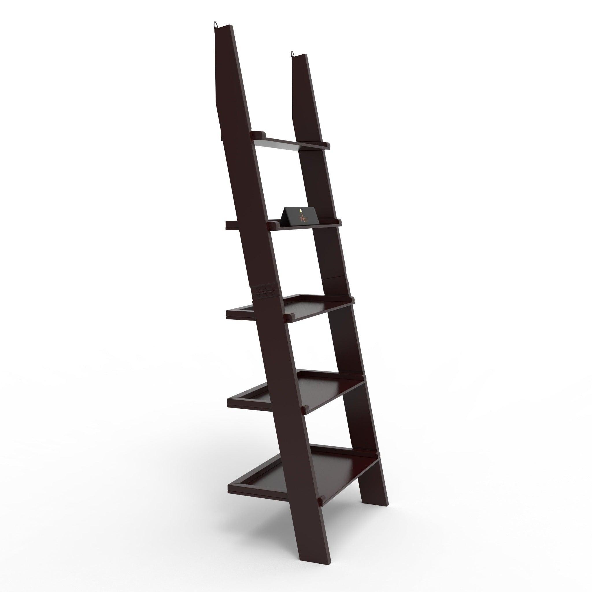 Leaning Bookcase Ladder and Room Organizer Engineered Wood Wall Shelf in black, styled with decor