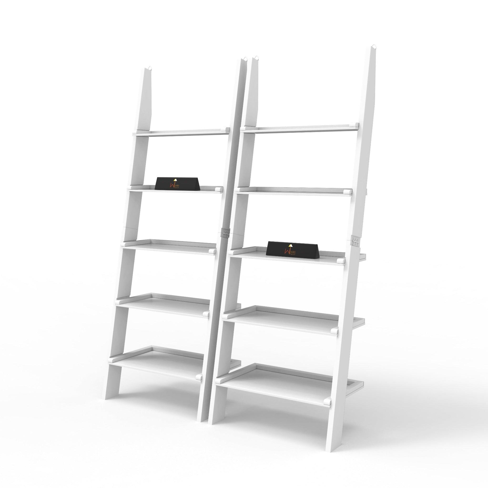 Leaning Bookcase Ladder and Room Organizer Engineered Wood Wall Shelf -Set of 2 - WoodenTwist