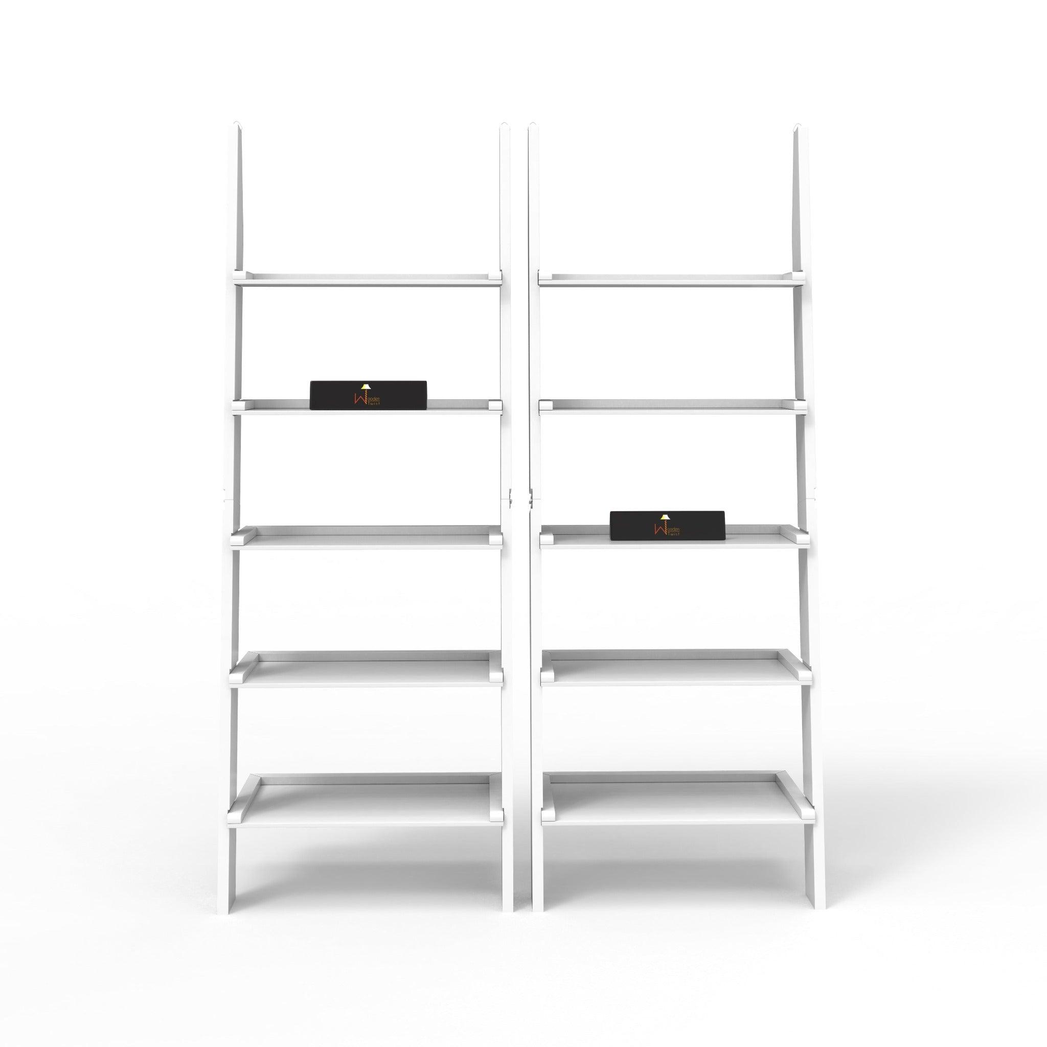 Leaning Bookcase Ladder and Room Organizer Engineered Wood Wall Shelf -Set of 2 - WoodenTwist