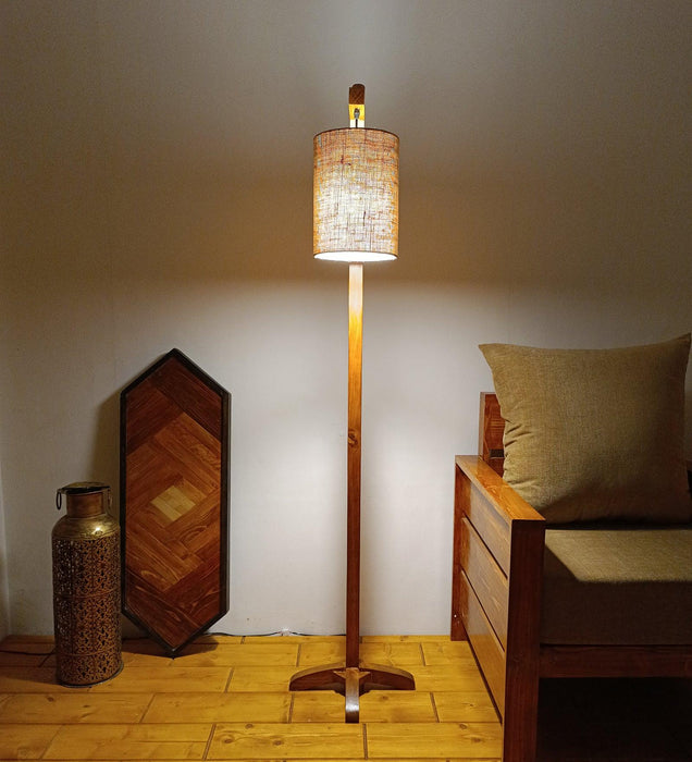 Leo Wooden Floor Lamp with Brown Base and Jute Fabric Lampshade - WoodenTwist