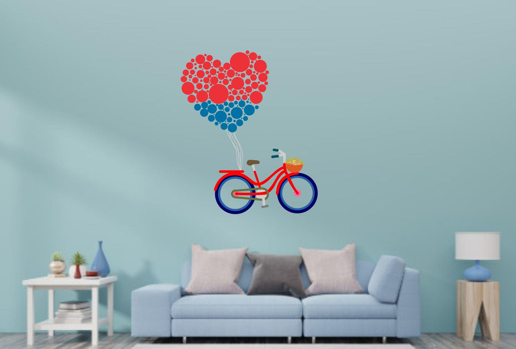 Bicycle with Love Heart Shaped balloon Wall Stickers for Living Room, Bedroom - WoodenTwist