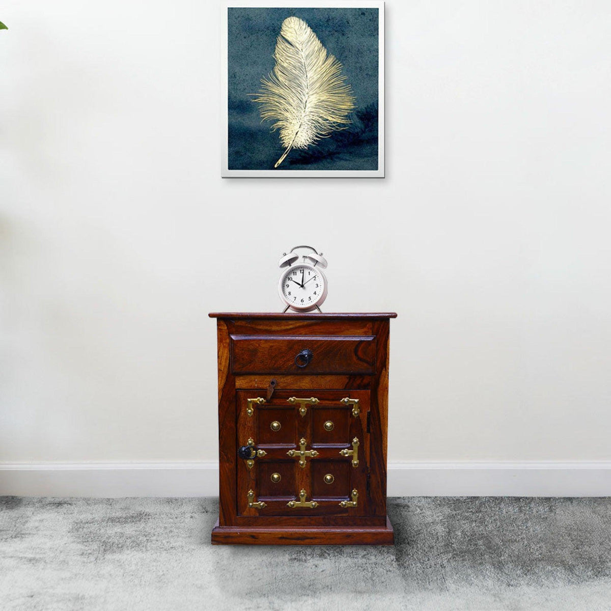 L T Brass Bedside Cabinet in Mango Wood
