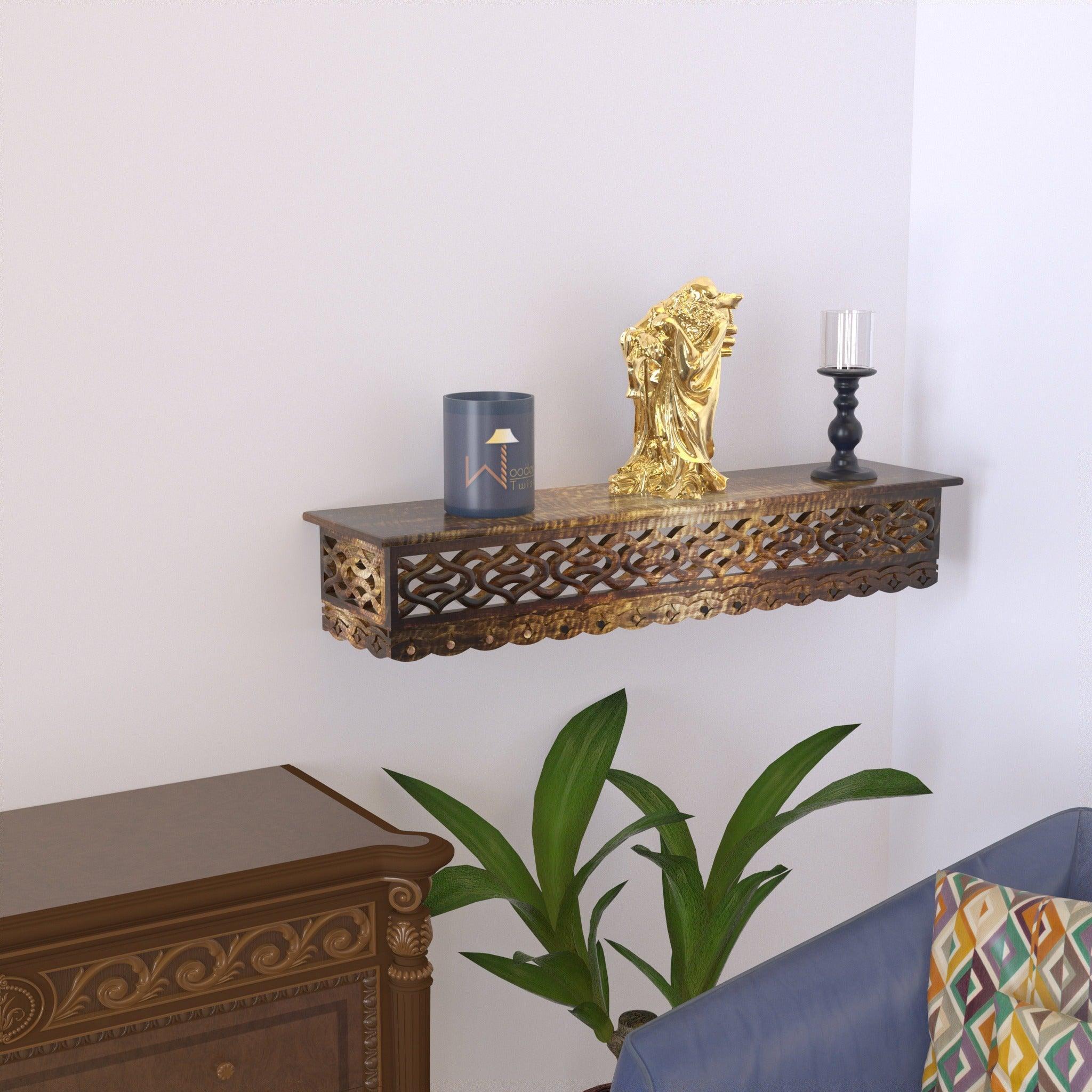 Onlineshoppee Wooden Fancy Hand Carved Wall Shelf with Jali Work - WoodenTwist