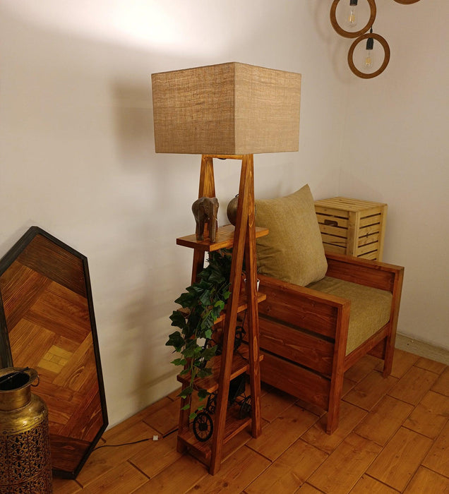 Louise Wooden Floor Lamp with Brown Base and Jute Fabric Lampshade - WoodenTwist