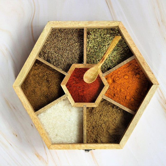 Handcrafted Wooden Hexagon Shaped Spice Box - WoodenTwist