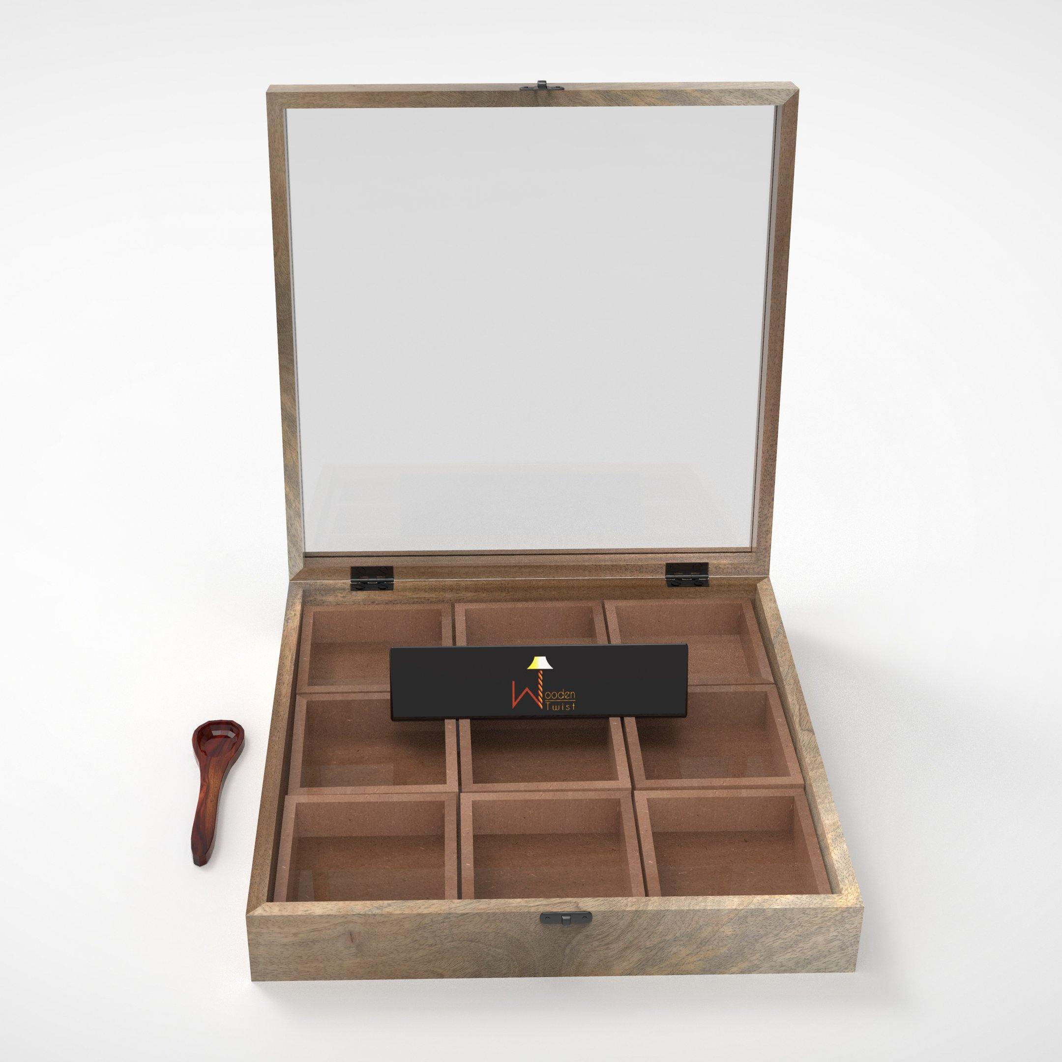 Wooden multipurpose spice box with containers and spoon