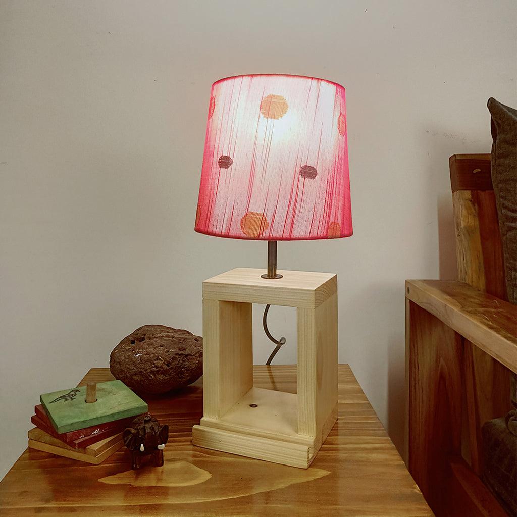 Moby Beige Wooden Table Lamp with Red Printed Fabric Lampshade - WoodenTwist