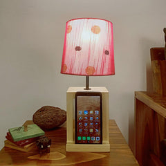 Moby Beige Wooden Table Lamp with Red Printed Fabric Lampshade - WoodenTwist