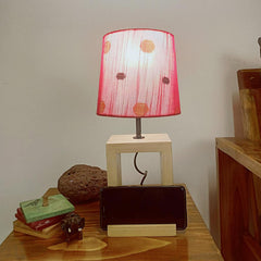 Moby Beige Wooden Table Lamp with Red Printed Fabric Lampshade - WoodenTwist