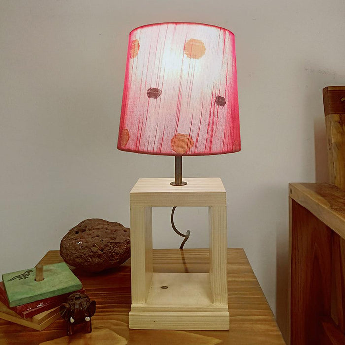 Moby Beige Wooden Table Lamp with Red Printed Fabric Lampshade - WoodenTwist