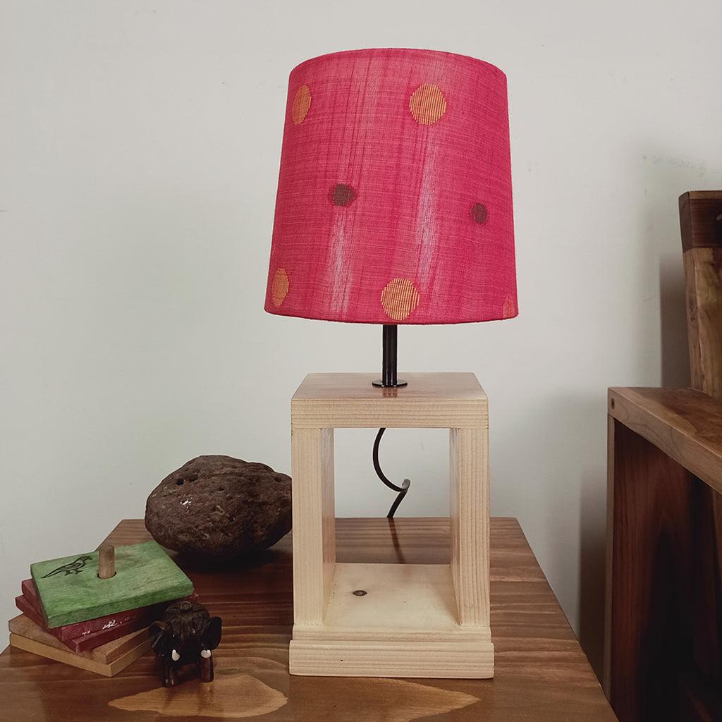 Moby Beige Wooden Table Lamp with Red Printed Fabric Lampshade - WoodenTwist