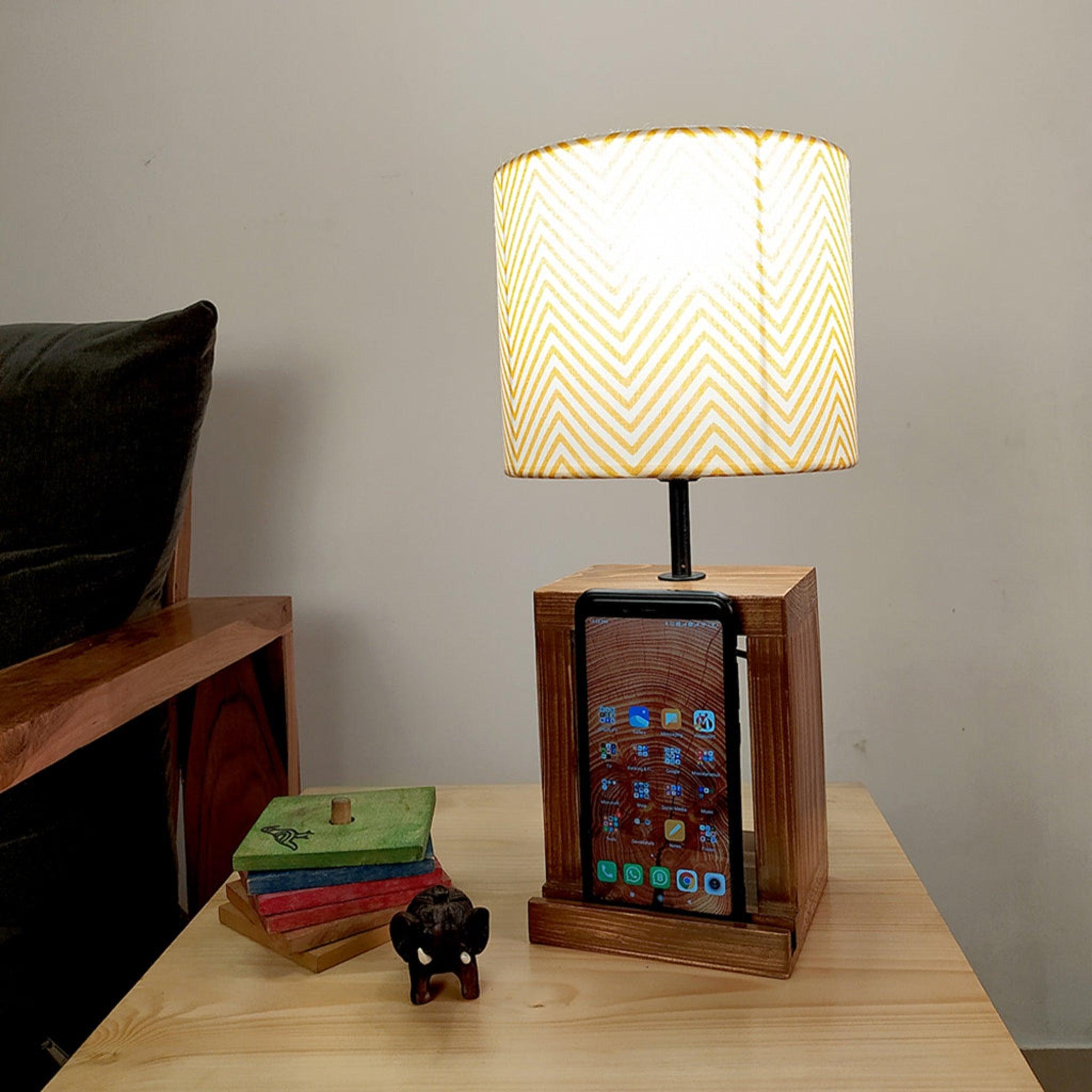 Moby Brown Wooden Table Lamp with Yellow Printed Fabric Lampshade - WoodenTwist