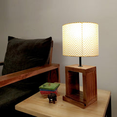 Moby Brown Wooden Table Lamp with Yellow Printed Fabric Lampshade - WoodenTwist