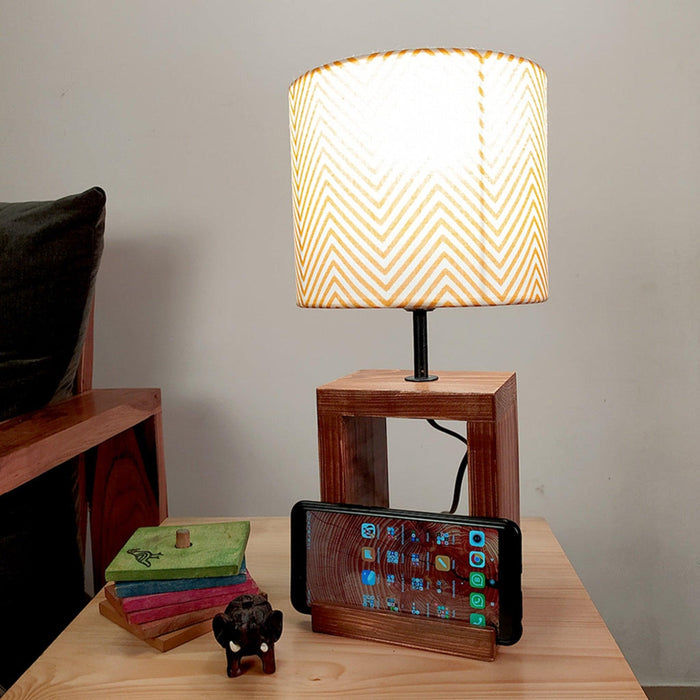 Moby Brown Wooden Table Lamp with Yellow Printed Fabric Lampshade - WoodenTwist