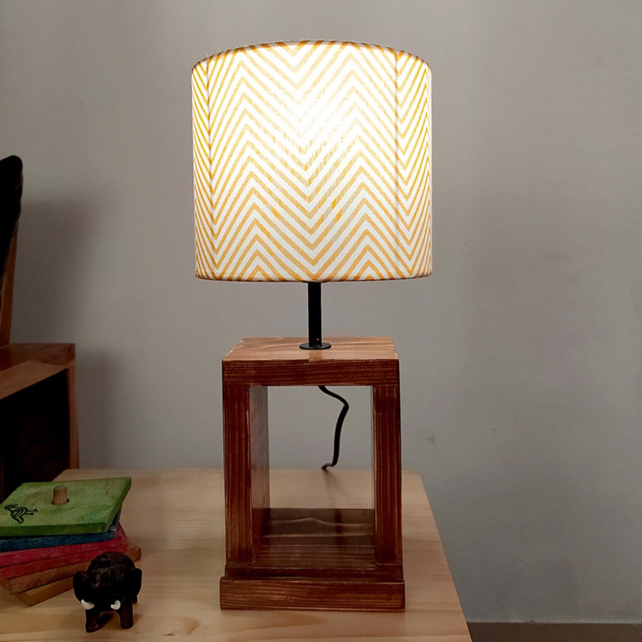 Moby Brown Wooden Table Lamp with Yellow Printed Fabric Lampshade - WoodenTwist