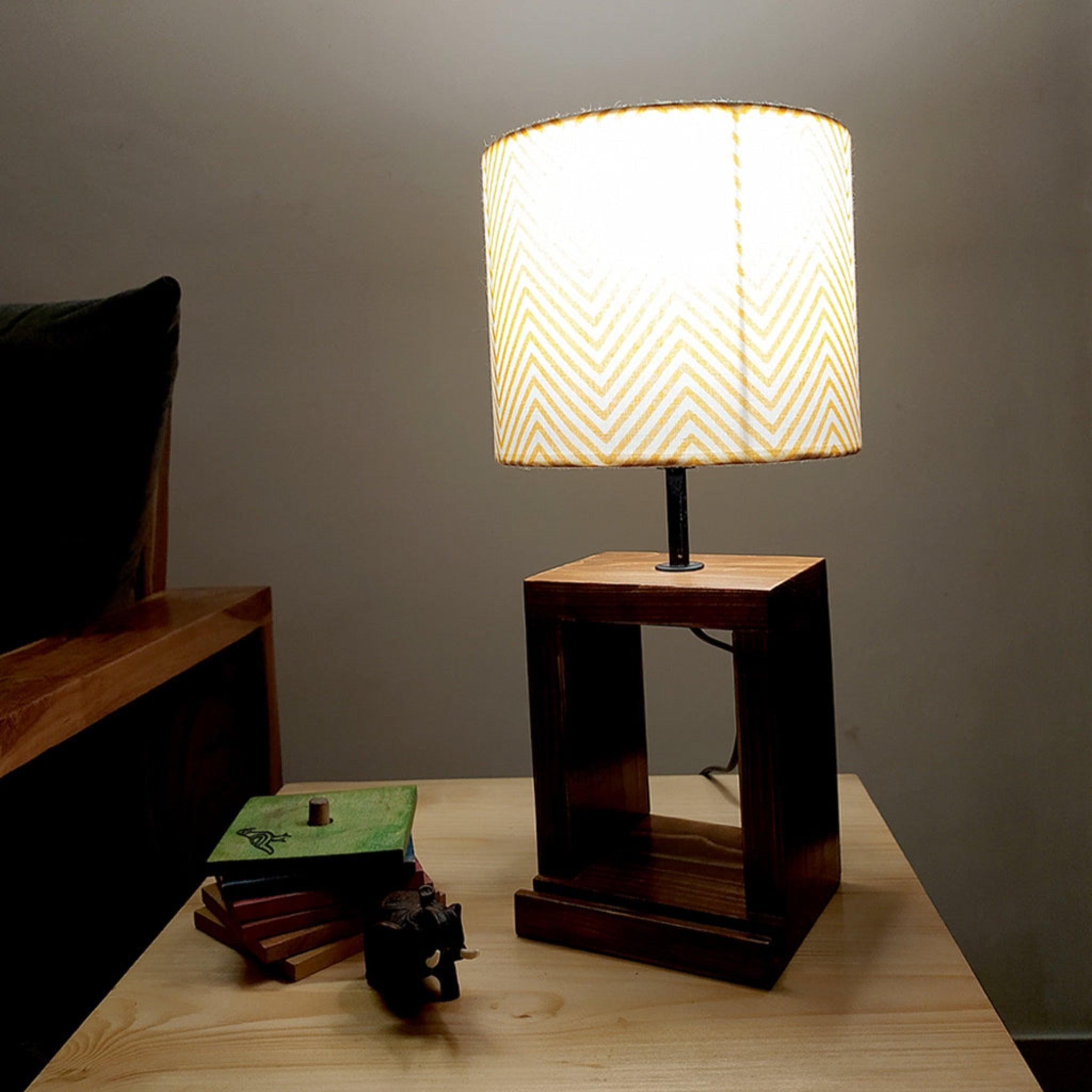 Moby Brown Wooden Table Lamp with Yellow Printed Fabric Lampshade - WoodenTwist