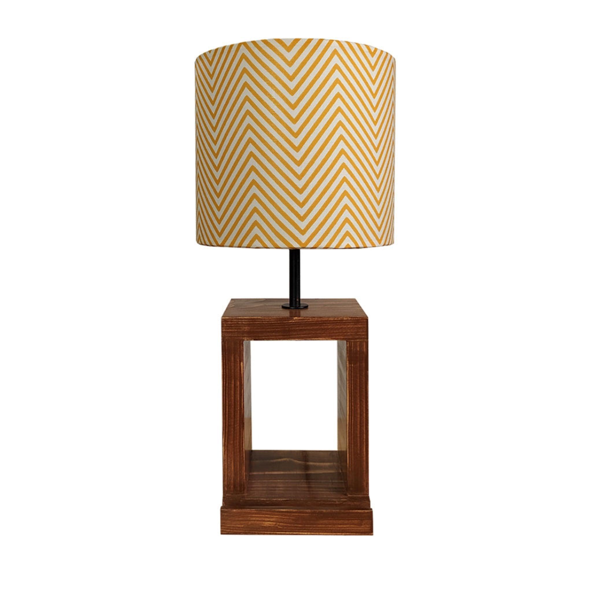 Moby Brown Wooden Table Lamp with Yellow Printed Fabric Lampshade - WoodenTwist