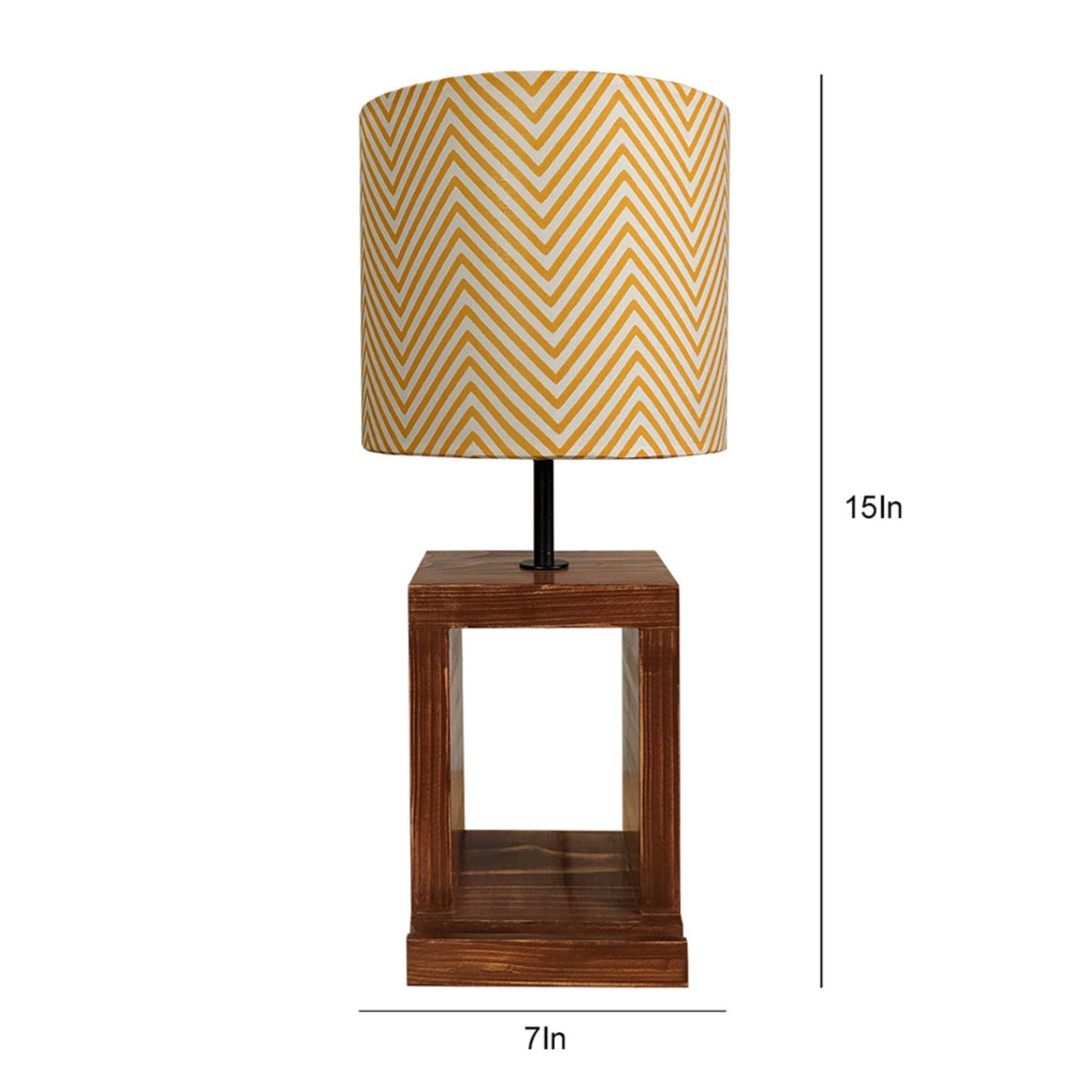 Moby Brown Wooden Table Lamp with Yellow Printed Fabric Lampshade - WoodenTwist