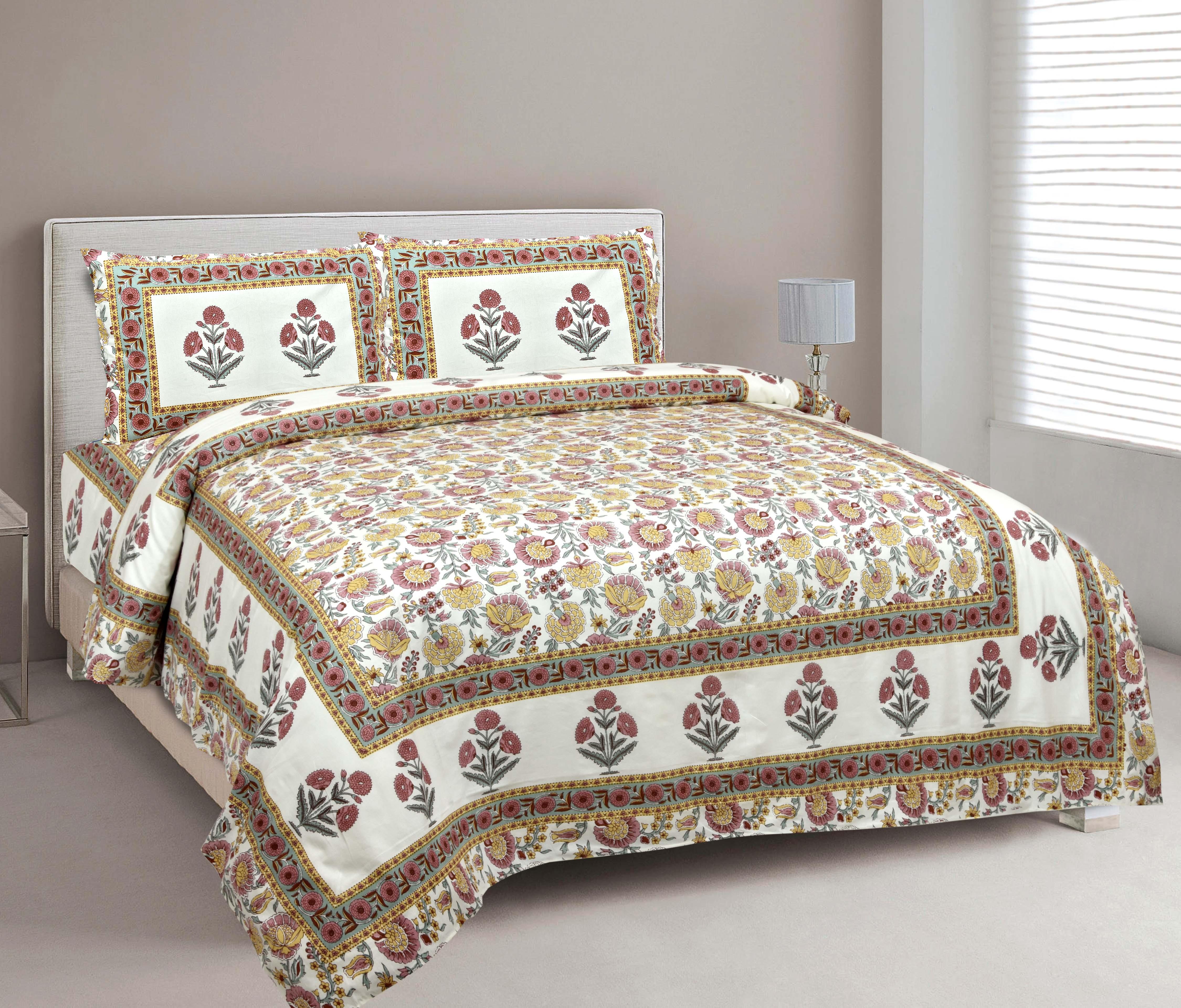 Rajasthani Traditional Jaipuri King Size Double Bedsheet with Two Pillow Covers - WoodenTwist