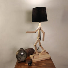 Moonwalker Beige Wooden Table Lamp with Black Fabric Lampshade - WoodenTwist