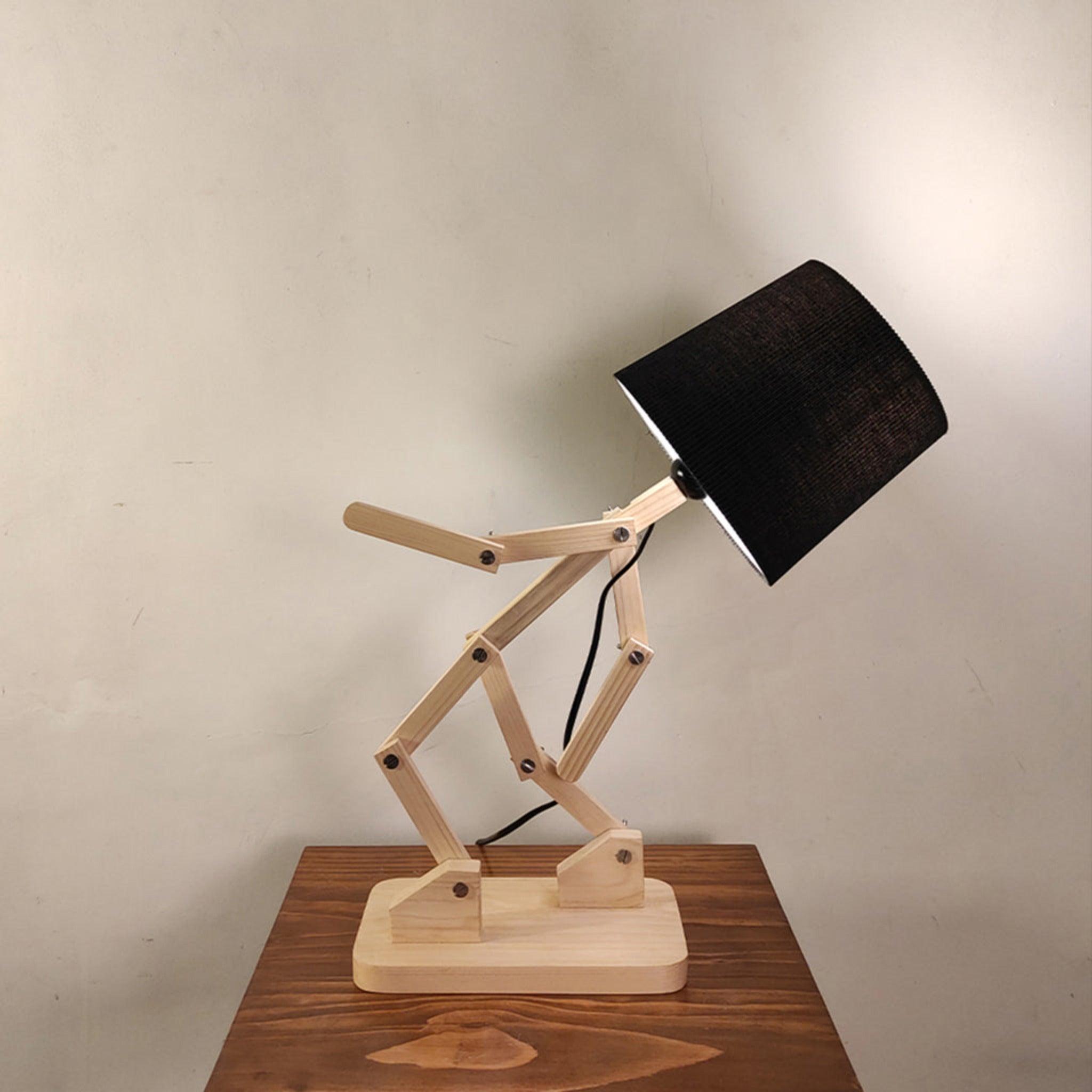 Moonwalker Beige Wooden Table Lamp with Black Fabric Lampshade - WoodenTwist