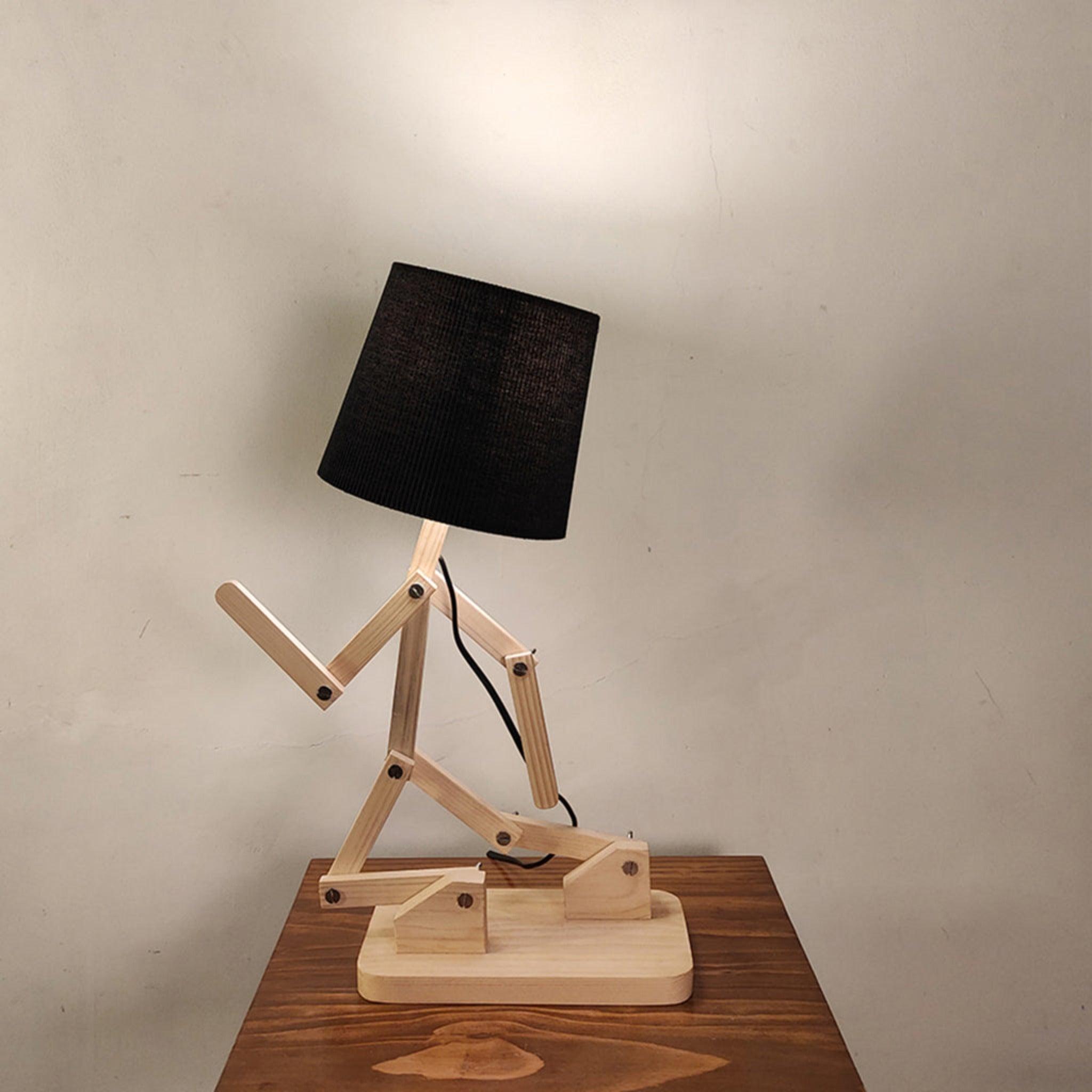 Moonwalker Beige Wooden Table Lamp with Black Fabric Lampshade - WoodenTwist