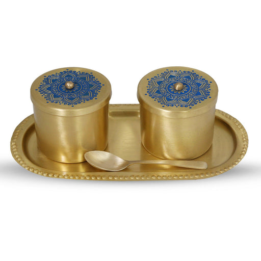Brass Condiment Jars with Tray and Spoon (Golden & Blue) - WoodenTwist
