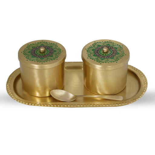 Brass Condiment Jars with Tray and Spoon (Peacock Green) - WoodenTwist