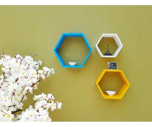 Hexagonal Shape Wooden Floating Wall Shelves Set of 3 - WoodenTwist