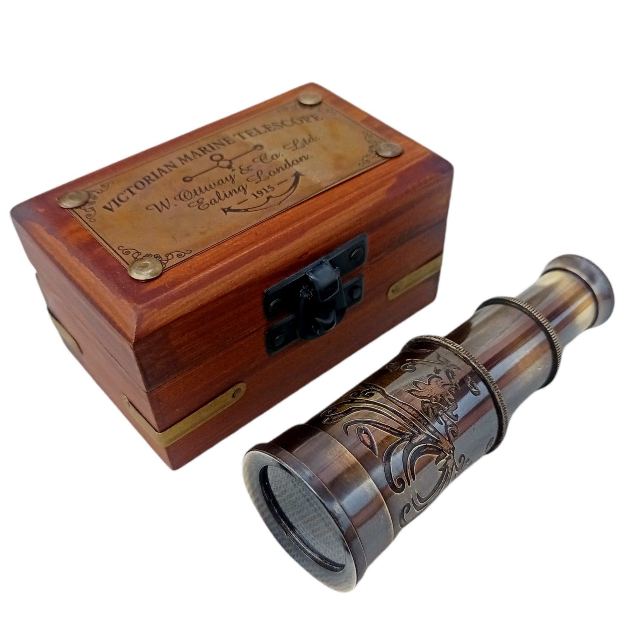 Marine Telescope Nautical Antique Solid Brass Pirate Spyglass 4" Wooden Box Gift - WoodenTwist