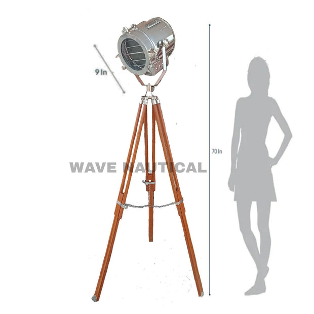 VINTAGE INDUSTRIAL DESIGNER CHROME NAUTICAL SPOT LIGHT TRIPOD FLOOR LAMP DECOR - WoodenTwist