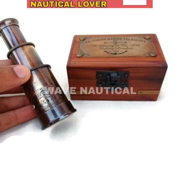 Telescope Victorian Marine with Wooden Box Vintage Mini Handheld - WoodenTwist