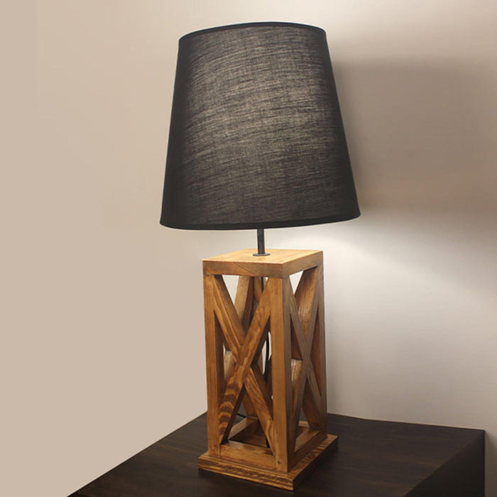 Symmetric Brown Wooden Table Lamp with Black Fabric Lampshade - WoodenTwist