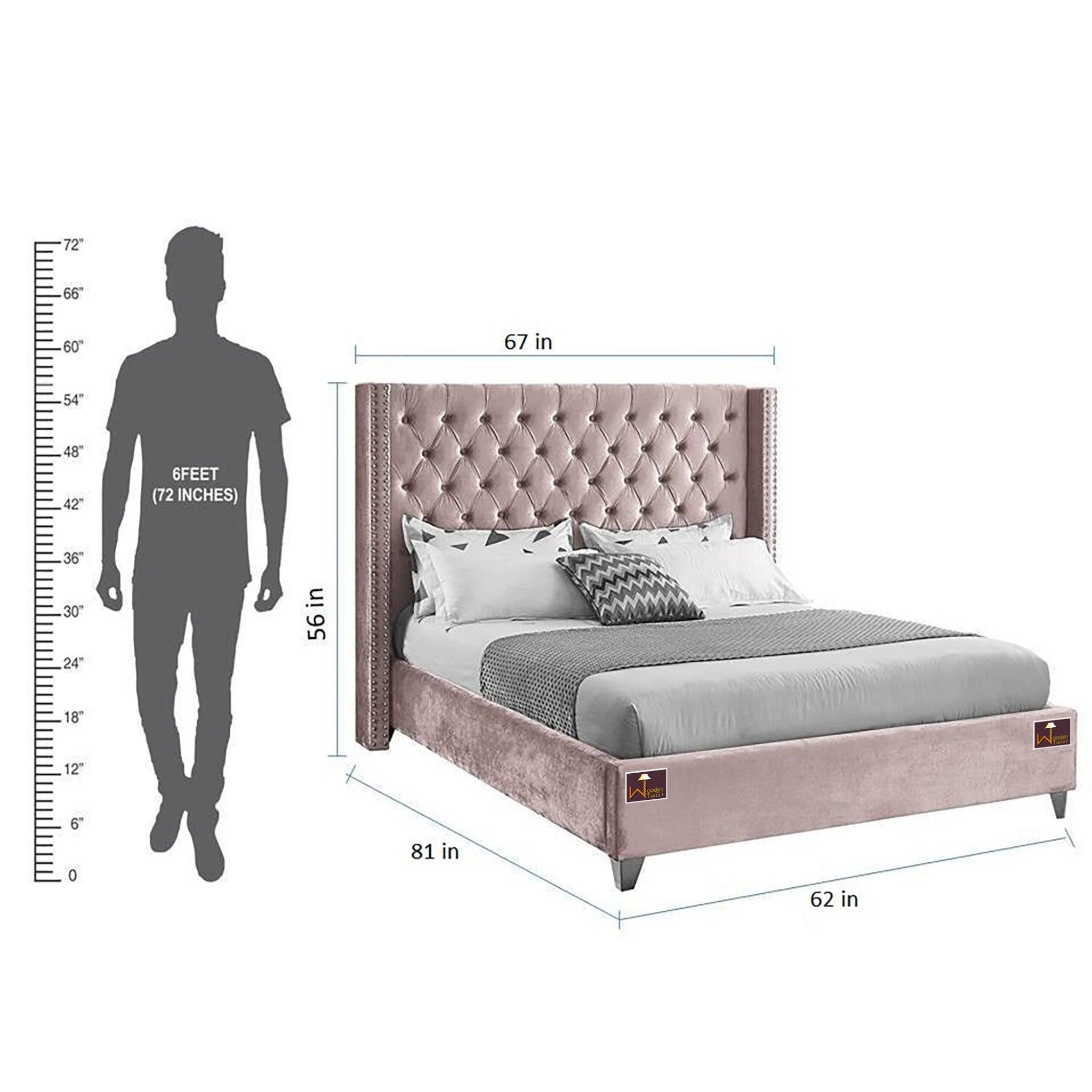 Upholstered Panel Bed Frame with Diamond Tufted and Nailhead Trim Wingback Headboard, Queen Size - WoodenTwist