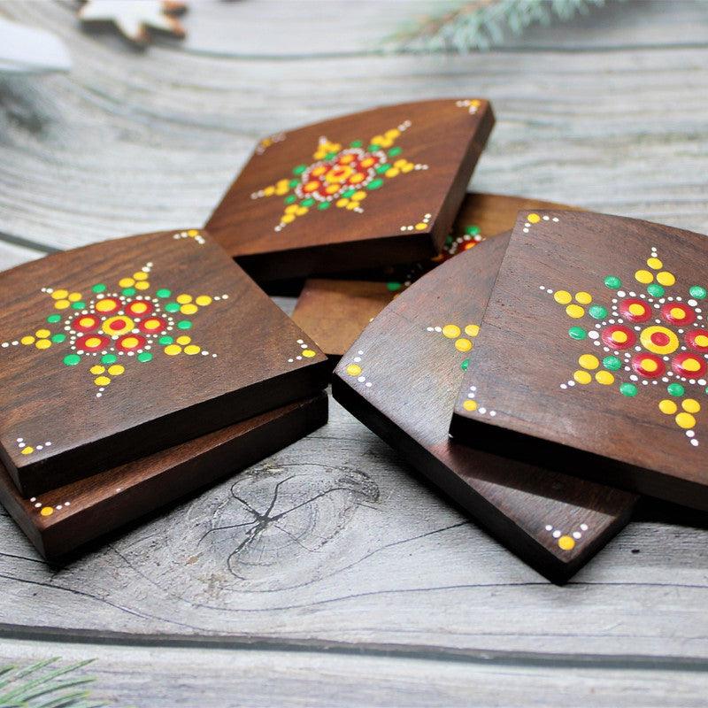 Handcrafted & Hand Painted Sheesham Wood Mandala Design Coaster (Set of 6) - WoodenTwist