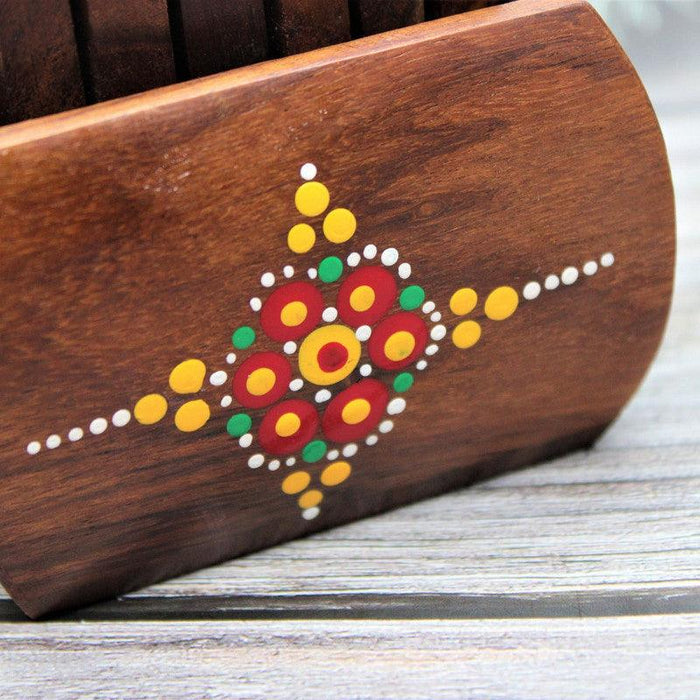 Handcrafted & Hand Painted Sheesham Wood Mandala Design Coaster (Set of 6) - WoodenTwist