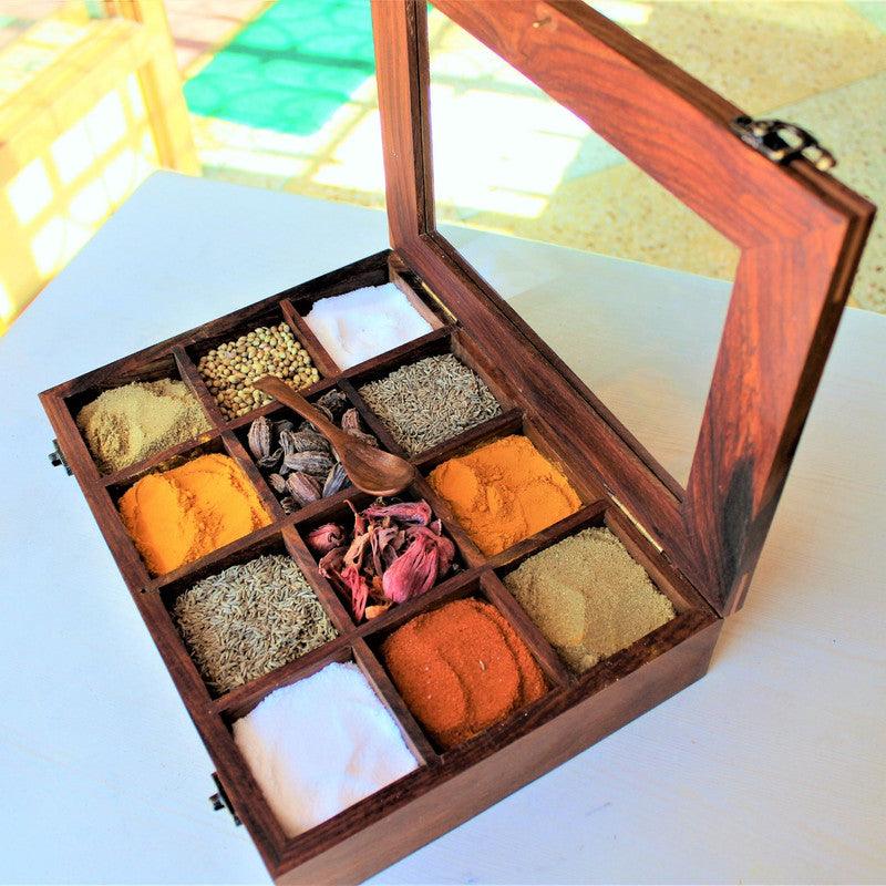 Handcrafted Sheesham Wood Spice Box - WoodenTwist