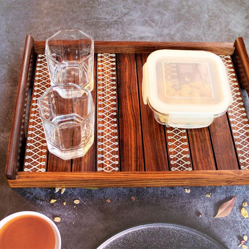 Kolam Inspired Hand Painted Wooden Serving Tray Set - WoodenTwist