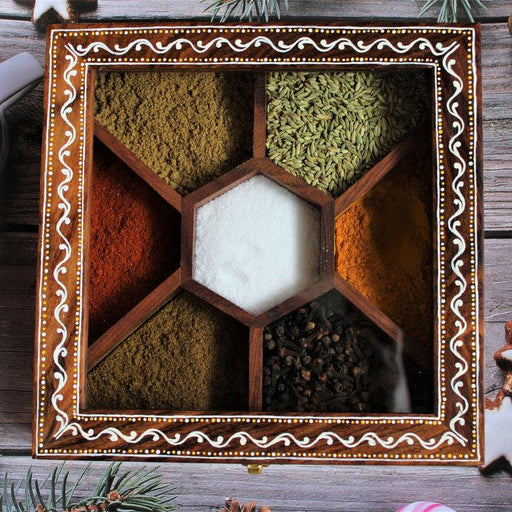 Handrafted Wood Spice Box 8 Inch X 8 Inch Square Box With Glass Lid Vintage  Antique Carved Masala Dabba Space Saving Kitchen Spice Organizer 