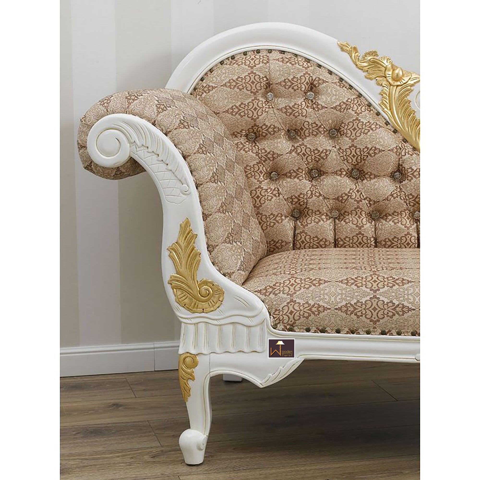 Hand Carved Baroque Style Ivory White And Gold Leaf Chaise Lounge - WoodenTwist