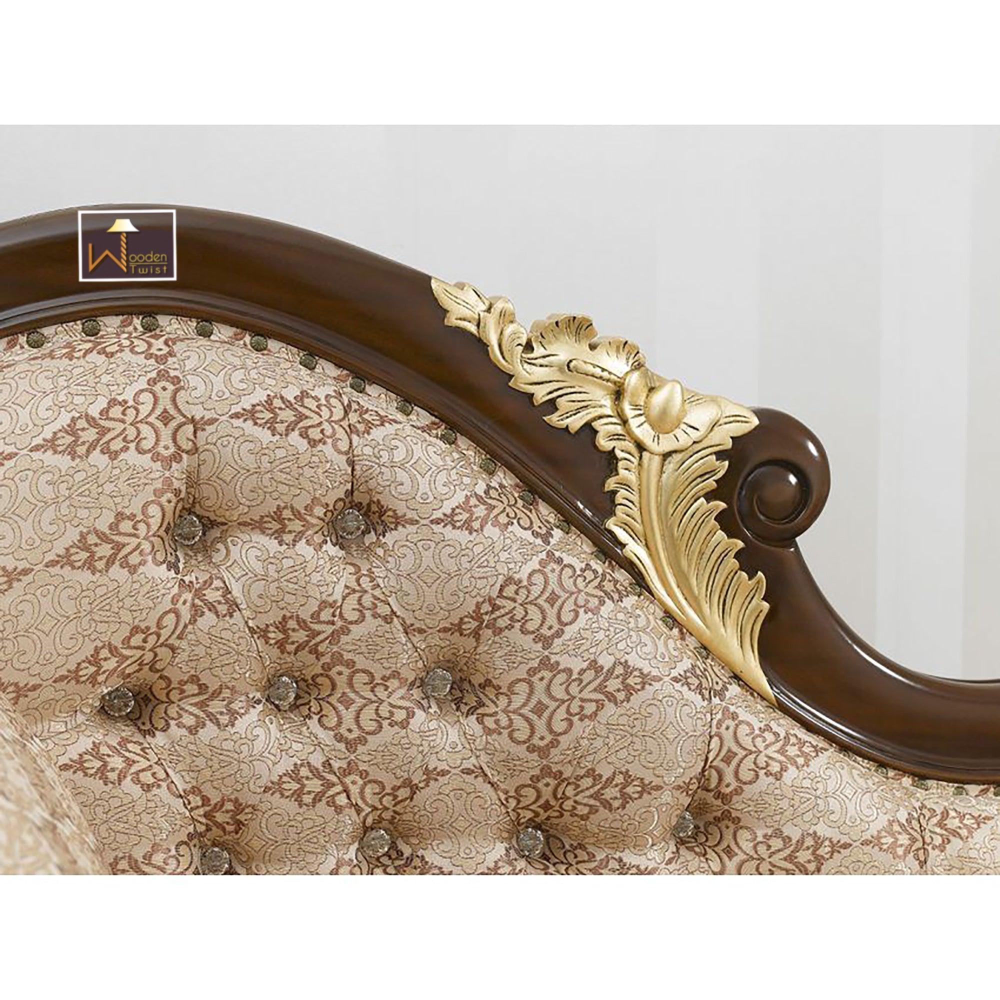 Hand Carved Teak Wood Baroque Style Chaise Longue Sofa Walnut and Gold Leaf - WoodenTwist