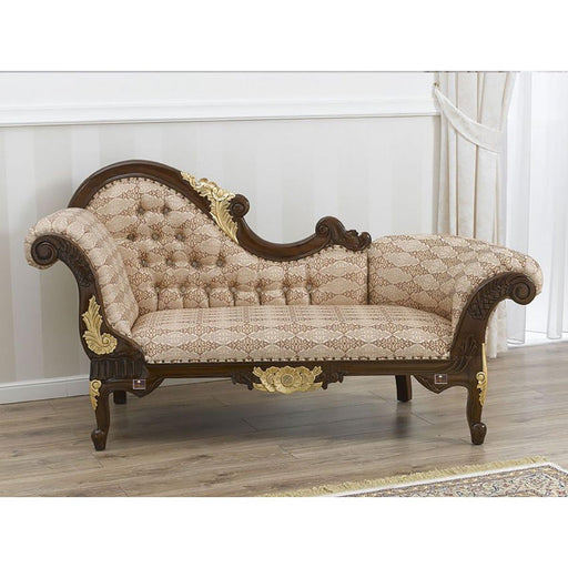 Hand Carved Teak Wood Baroque Style Chaise Longue Sofa Walnut and Gold Leaf - WoodenTwist