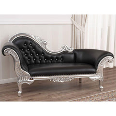 Hand Carved Modern Baroque Style Chaise Longue Silver Leaf (Black) - WoodenTwist