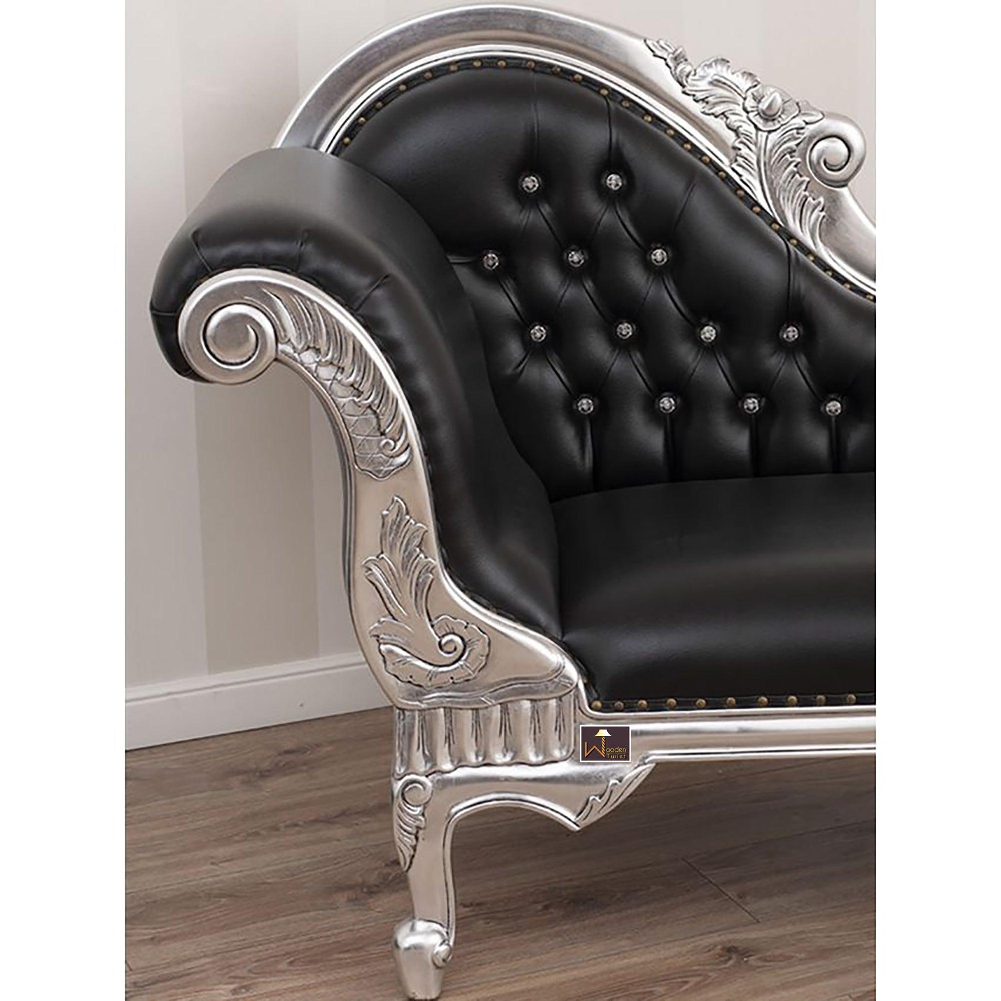 Hand Carved Modern Baroque Style Chaise Longue Silver Leaf (Black) - WoodenTwist