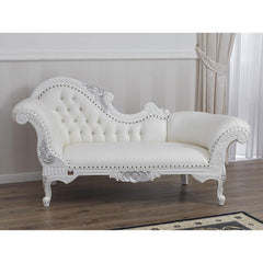 Wooden Hand Carved Modern Baroque Style Chaise Longue Sofa White Lacquered And Silver Leaf - WoodenTwist