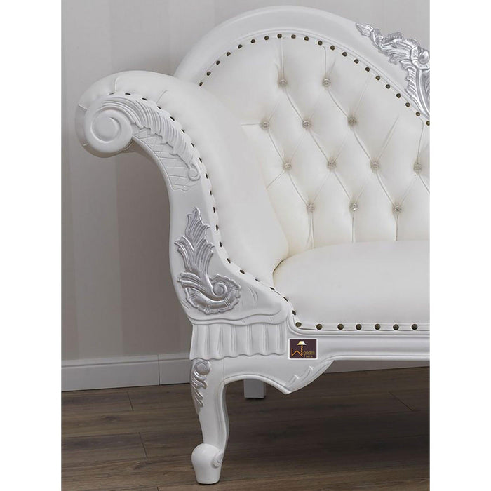 Wooden Hand Carved Modern Baroque Style Chaise Longue Sofa White Lacquered And Silver Leaf - WoodenTwist