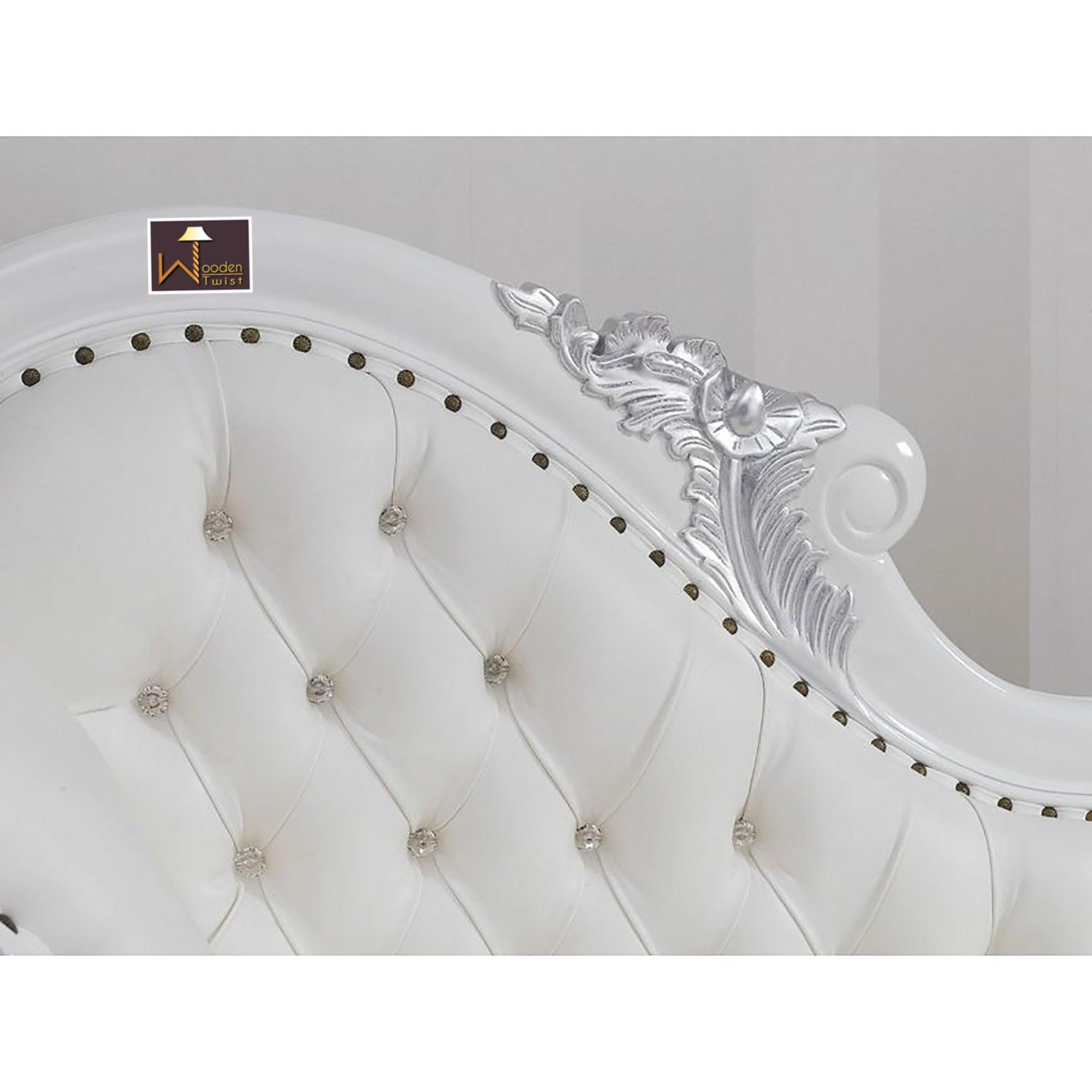 Wooden Hand Carved Modern Baroque Style Chaise Longue Sofa White Lacquered And Silver Leaf - WoodenTwist